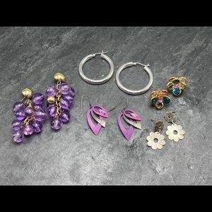 Women’s bundle 5x pairs earrings pierce Vintage purple grape acrylic silver hoop